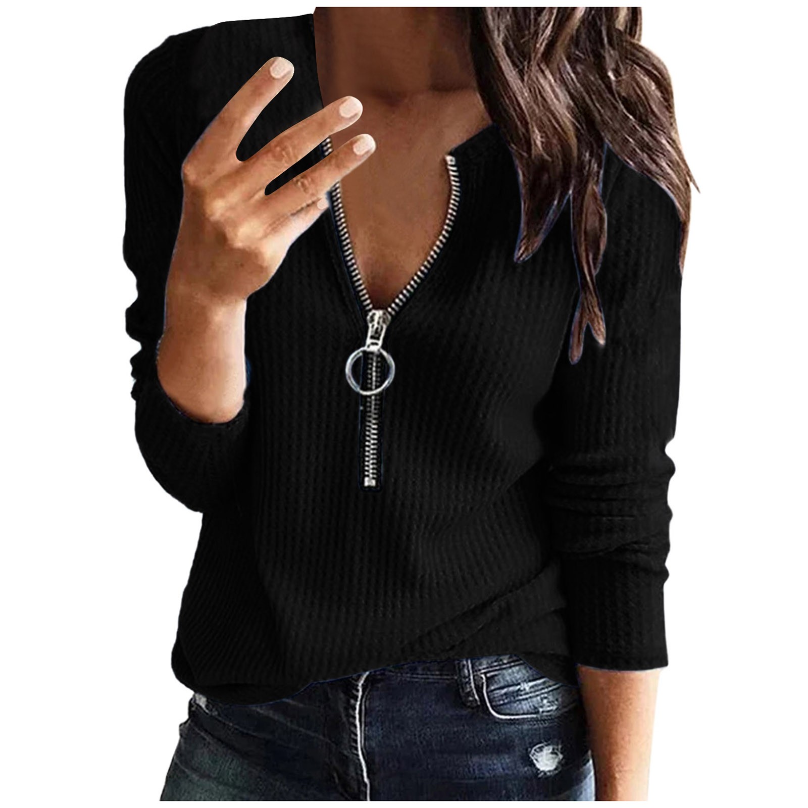 thumbnail image 1 of Blusa sexy de punto liso con cuello en V para mujer - Informal/para el día a día - Corte elástico - S-XXL, 1 of 2